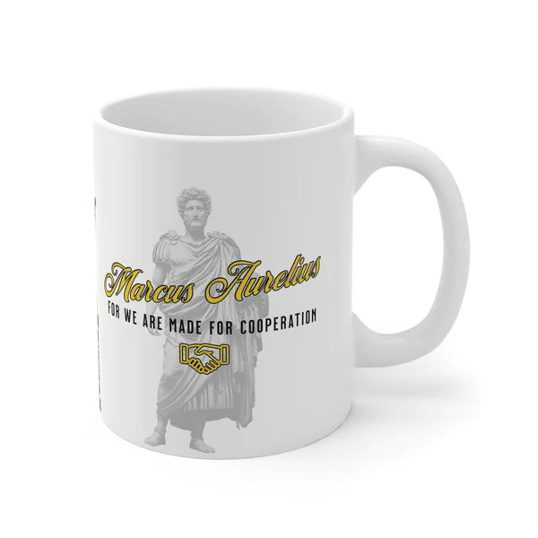 Marcus Aurelius Quote Mug: "For we are made for cooperation." - INTERACTIVE Stoicism Quote Mug - Scannable QR Code - Black Mug