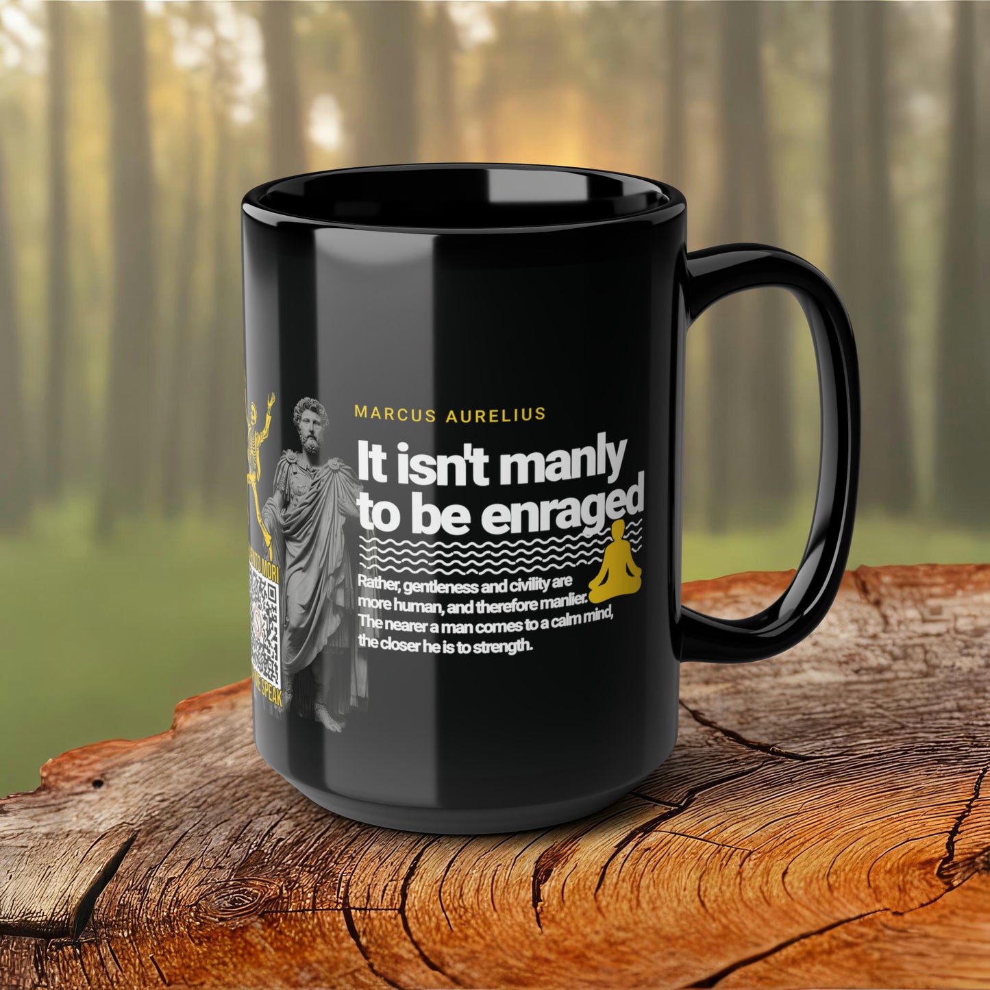 Marcus Aurelius Quote Mug: "It isn't manly to be enraged." - INTERACTIVE Stoicism Quote Mug - Scannable QR Code - Black Mug