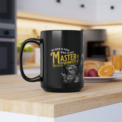 Epictetus Quote Mug - "No man is free who is not master of himself." - INTERACTIVE Stoicism Quote Mug - Scannable QR Code - Black Mug