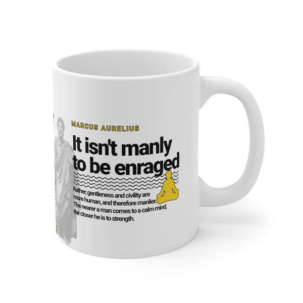 Marcus Aurelius Quote Mug: "It isn't manly to be enraged." - INTERACTIVE Stoicism Quote Mug - Scannable QR Code - Black Mug