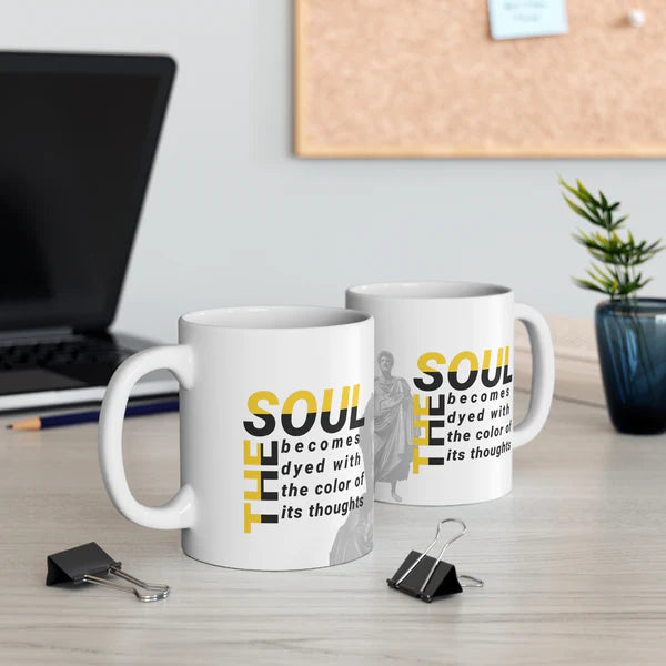 Marcus Aurelius Quote Mug: "The soul becomes dyed with the color of its thoughts" - INTERACTIVE Stoicism Quote Mug - Scannable QR Code - Black Mug