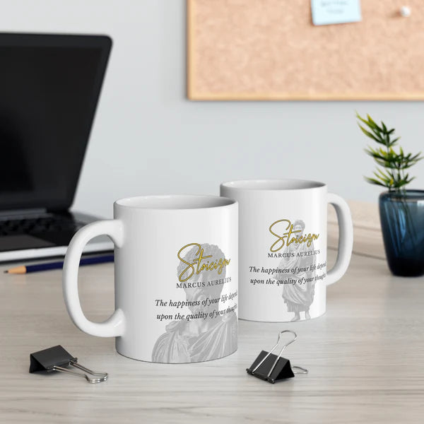 Marcus Aurelius Quote Mug: STOICISM - "The happiness of your life depends upon the quality of your thoughts" - INTERACTIVE Stoicism Quote Mug - Scannable QR Code - Black Mug