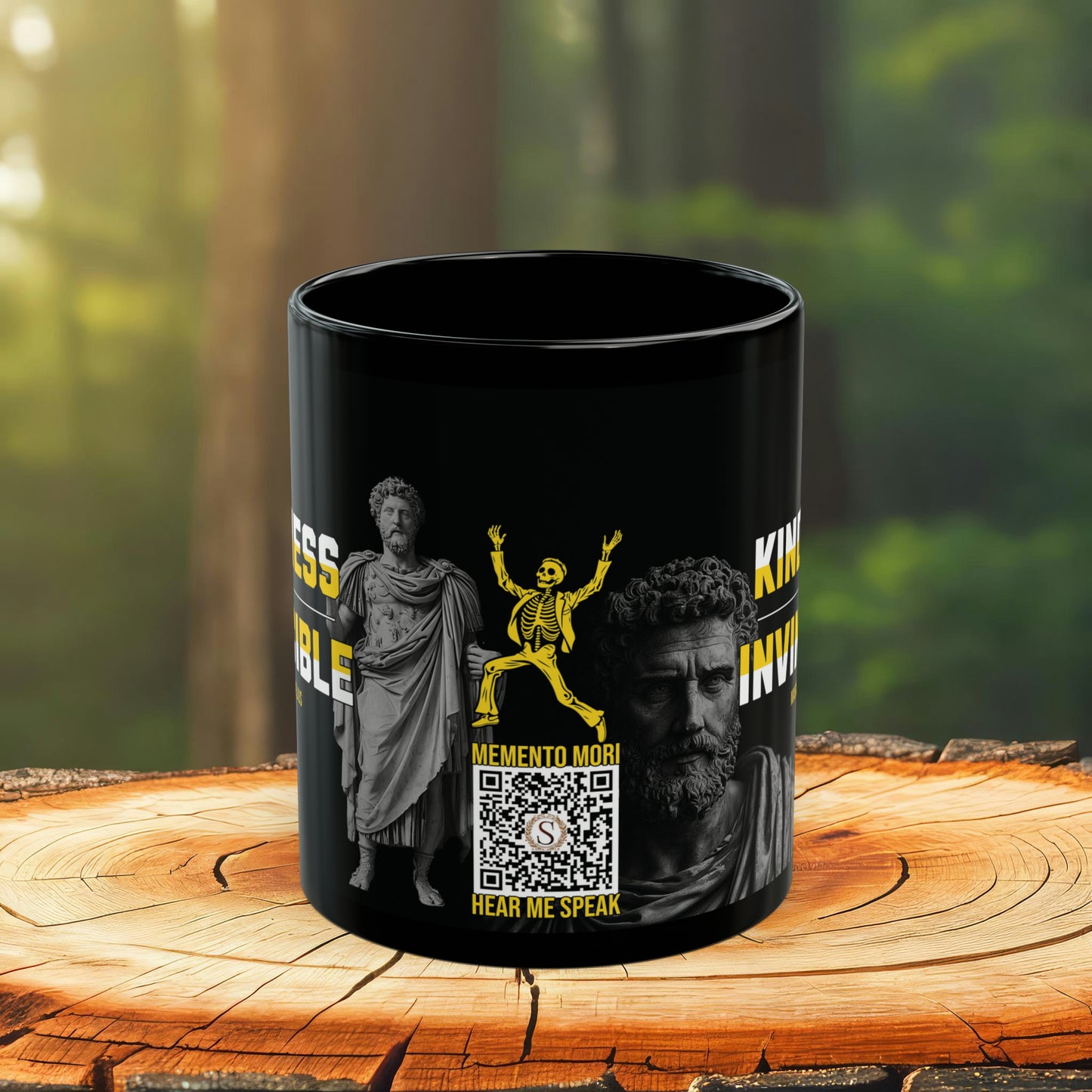 Marcus Aurelius Quote Mug: "Kindness is Invincible." - INTERACTIVE Stoicism Quote Mug - Scannable QR Code - Black Mug