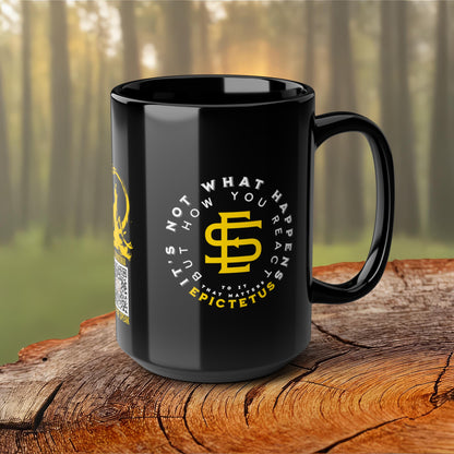 Epictetus Quote Mug - "It's not what happens but how you react to it that matters." - INTERACTIVE Stoicism Quote Mug - Scannable QR Code - Black Mug