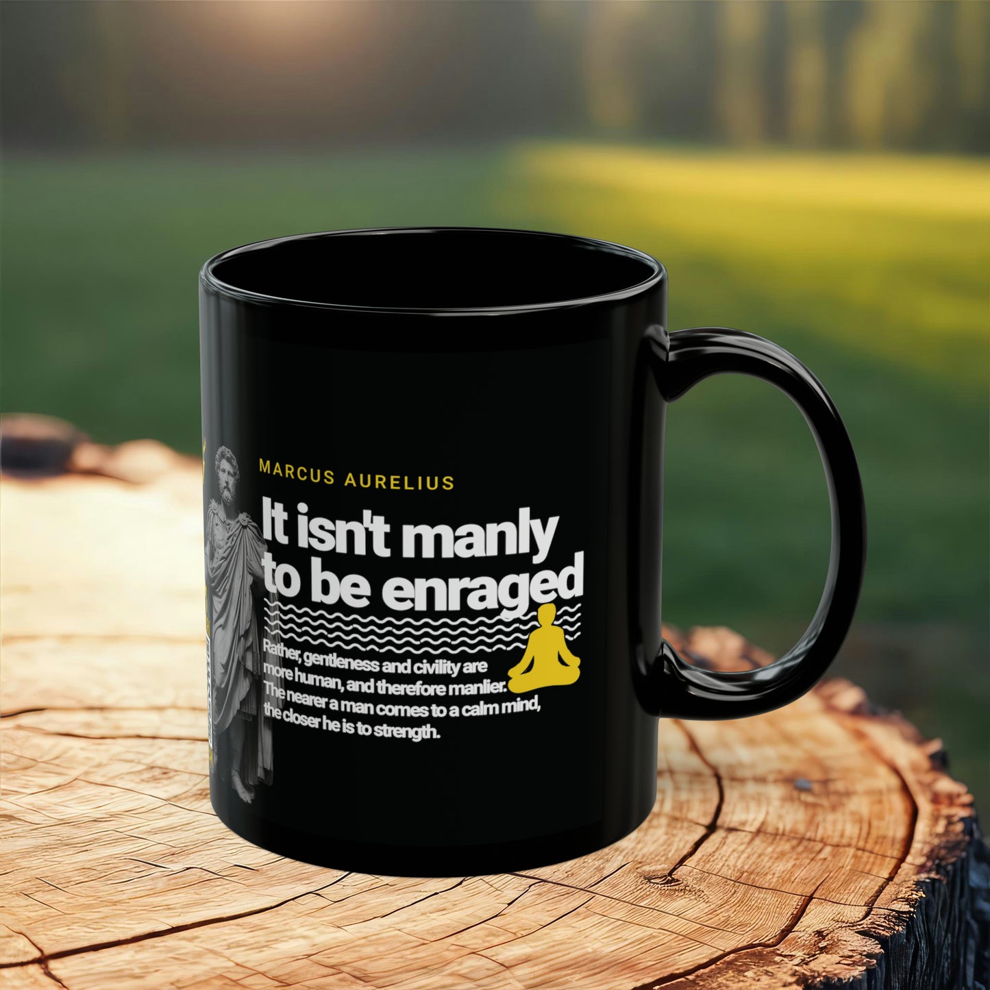 Marcus Aurelius Quote Mug: "It isn't manly to be enraged." - INTERACTIVE Stoicism Quote Mug - Scannable QR Code - Black Mug