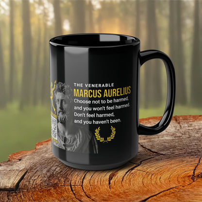 Marcus Aurelius Quote Mug - "Choose Not To Be Harmed" - INTERACTIVE Stoicism Quote Mug - Scannable QR Code - Black Mug