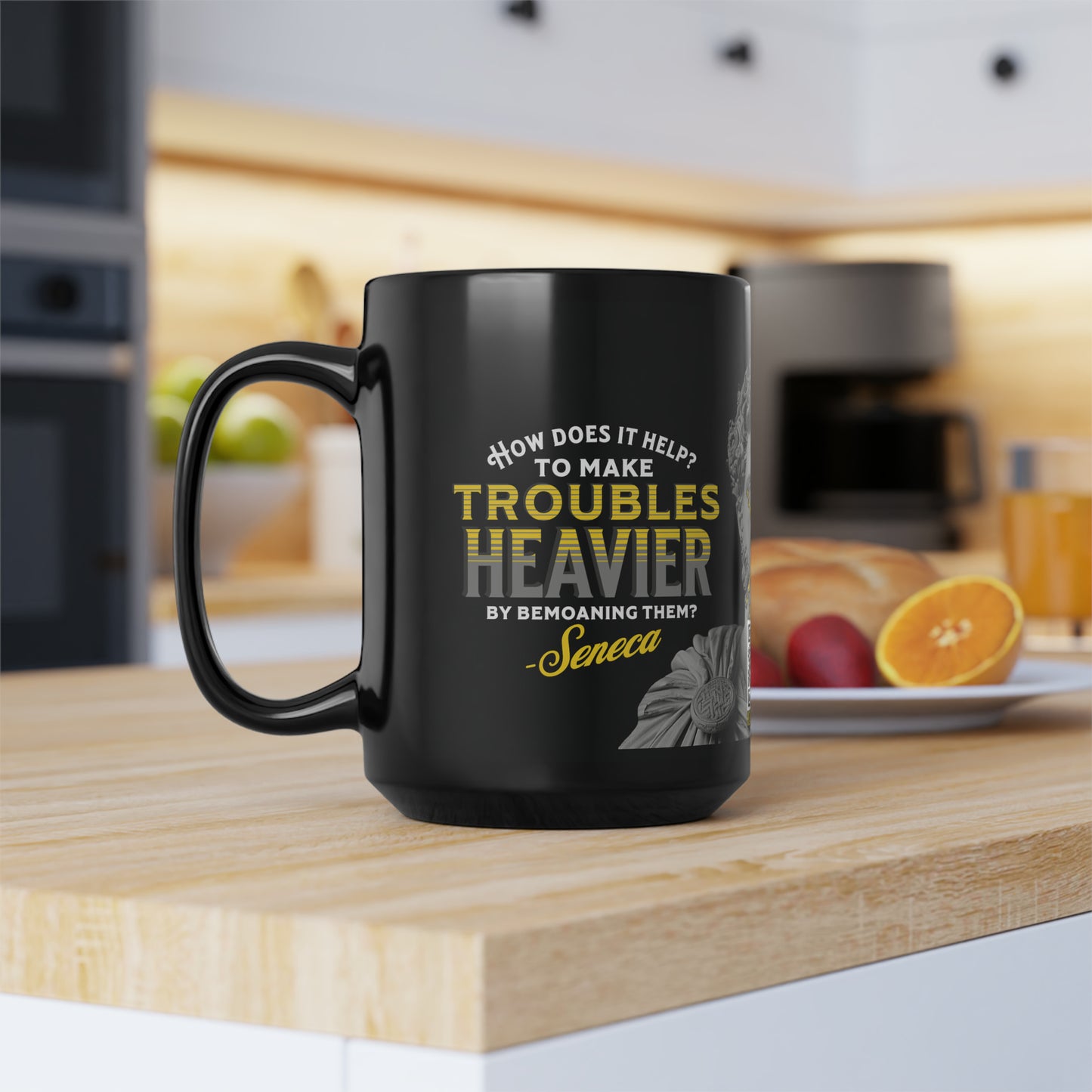 Seneca Quote Mug: "How does it help? to make troubles heavier by bemoaning them" - INTERACTIVE Stoicism Quote Mug - Scannable QR Code - Black Mug