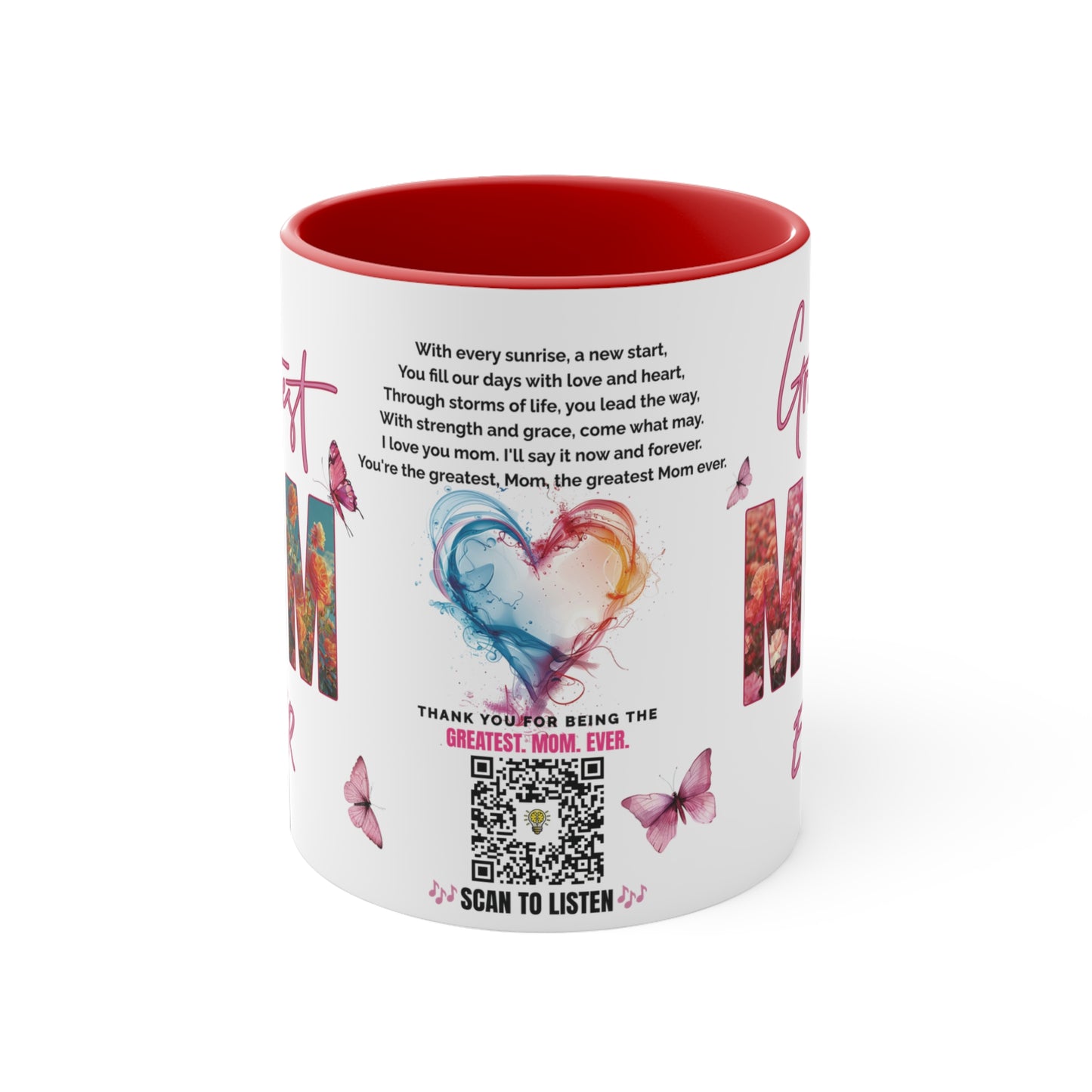 Greatest Mom Ever, Mother's Day Gift, Interactive Coffee Mug Gift for Mom, Audio Music Lyrics QR Code Scanning Mug, Two-Tone Accent, 11oz White Mug