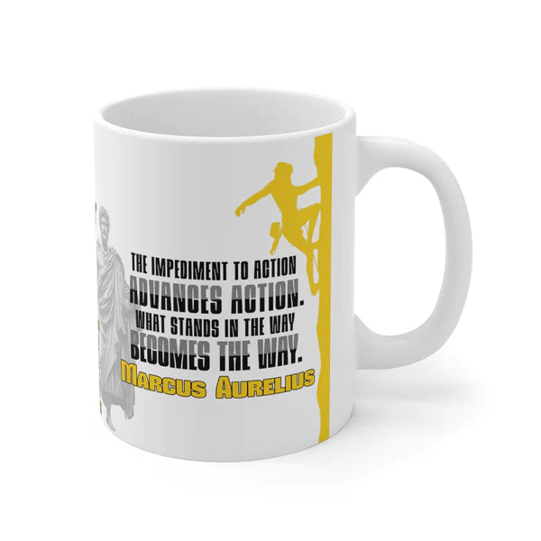 Marcus Aurelius Quote Mug: "What Stands in the Way, Becomes the Way." - INTERACTIVE Stoicism Quote Mug - Scannable QR Code - Black Mug