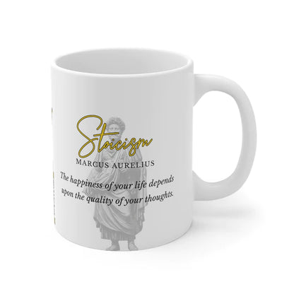 Marcus Aurelius Quote Mug: STOICISM - "The happiness of your life depends upon the quality of your thoughts" - INTERACTIVE Stoicism Quote Mug - Scannable QR Code - Black Mug