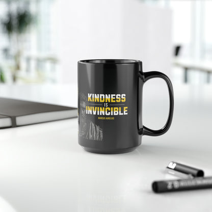 Marcus Aurelius Quote Mug: "Kindness is Invincible." - INTERACTIVE Stoicism Quote Mug - Scannable QR Code - Black Mug