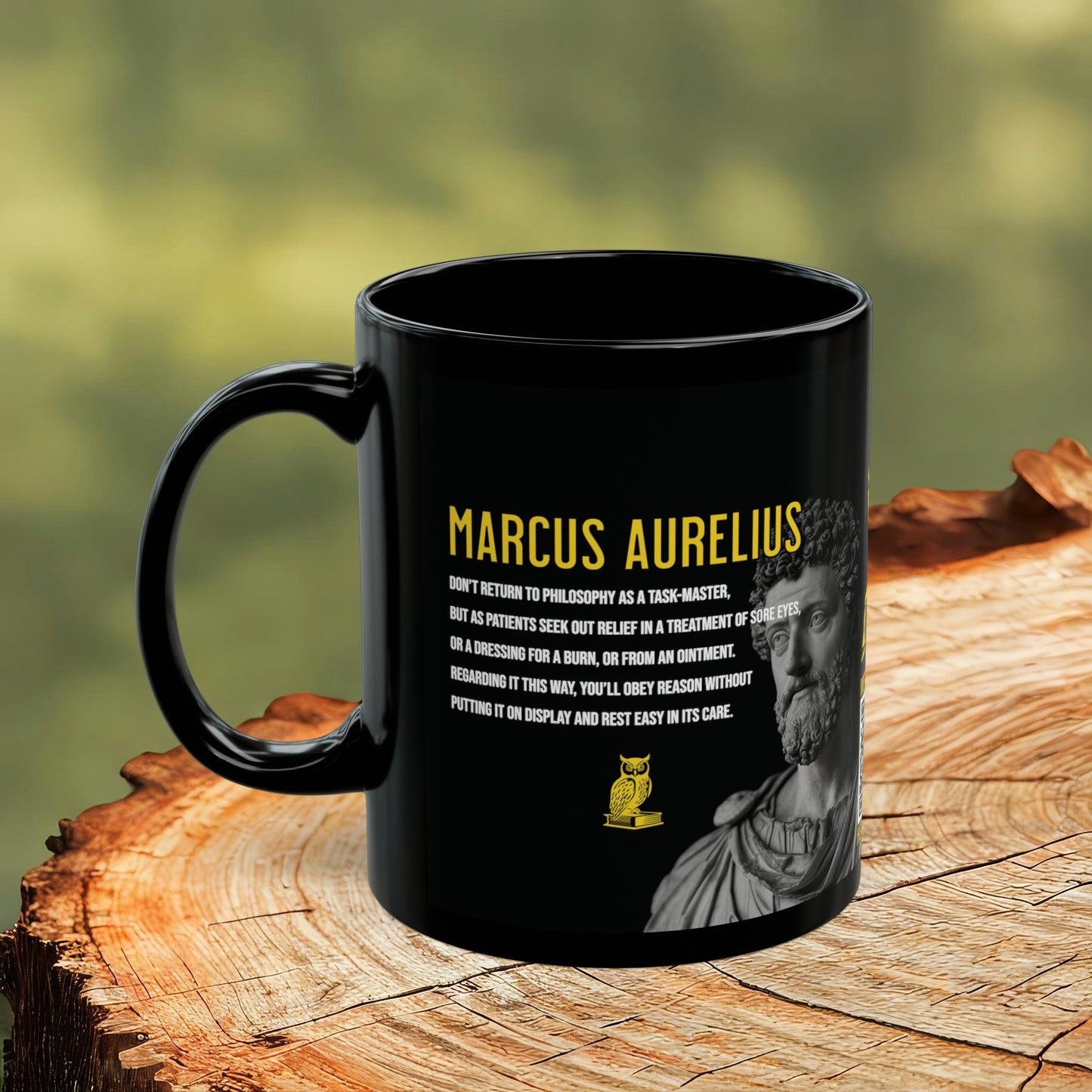 Marcus Aurelius Quote Mug: "Don't return to philosophy as a taskmaster" - INTERACTIVE Stoicism Quote Mug - Scannable QR Code - Black Mug