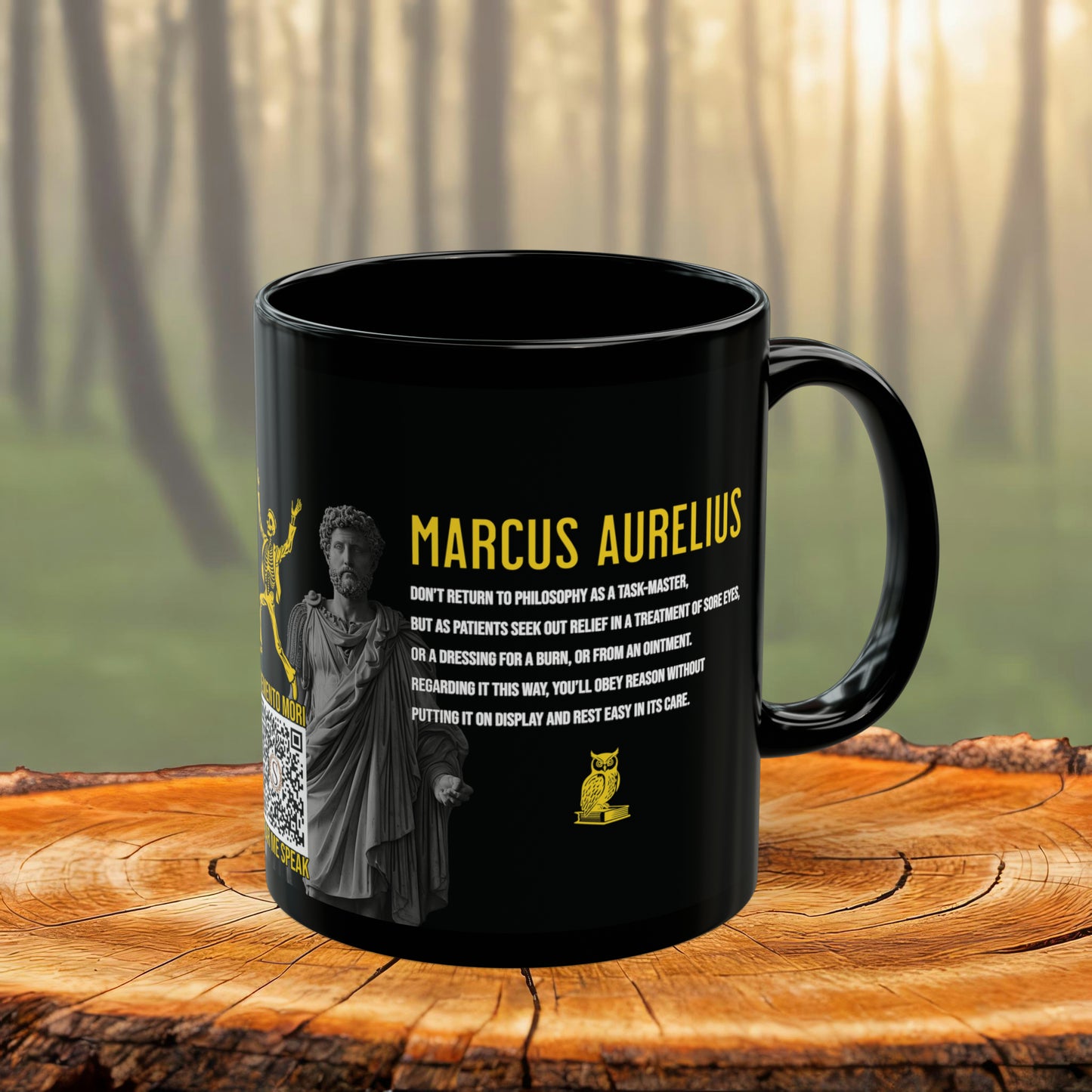 Marcus Aurelius Quote Mug: "Don't return to philosophy as a taskmaster" - INTERACTIVE Stoicism Quote Mug - Scannable QR Code - Black Mug