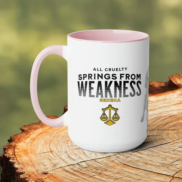 Seneca Quote Mug: "All cruelty springs from weakness" - INTERACTIVE Stoicism Quote Mug - Scannable QR Code - Black Mug