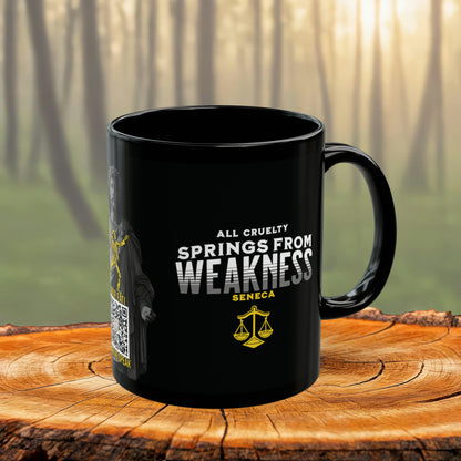 Seneca Quote Mug: "All cruelty springs from weakness" - INTERACTIVE Stoicism Quote Mug - Scannable QR Code - Black Mug