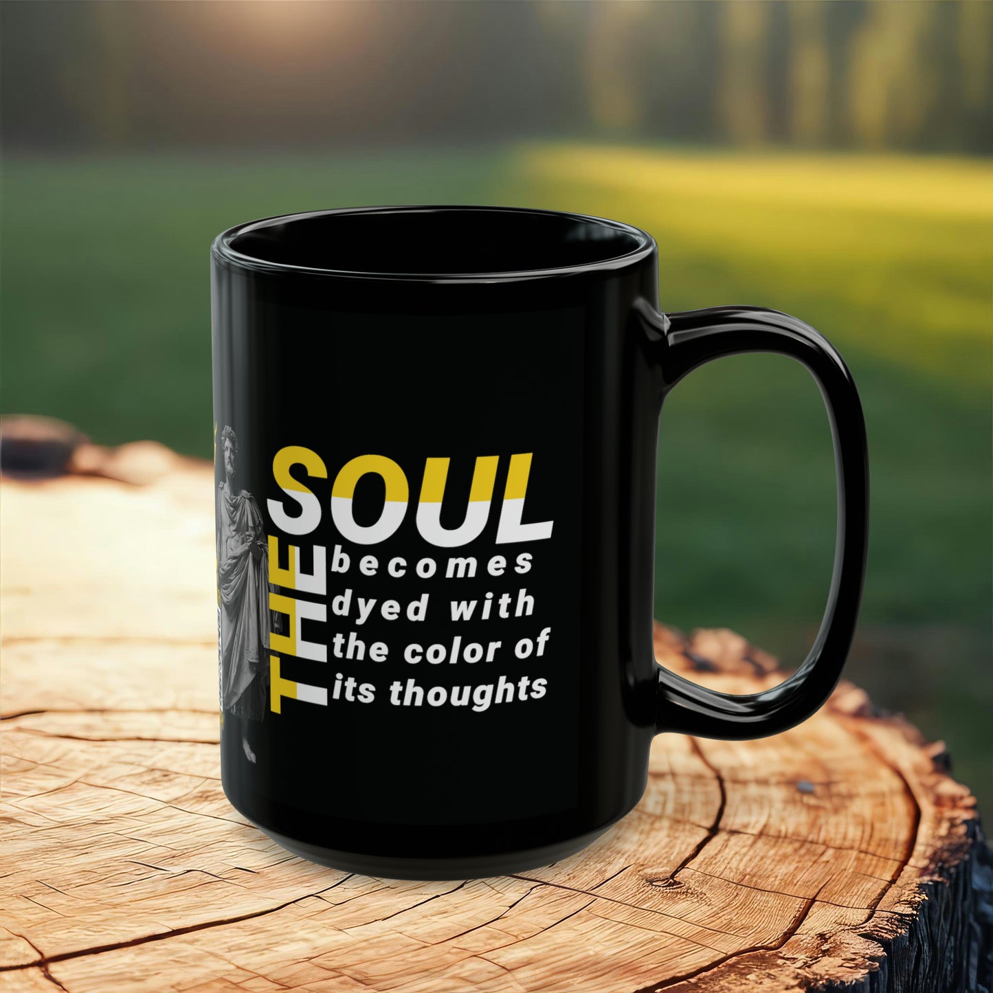 Marcus Aurelius Quote Mug: "The soul becomes dyed with the color of its thoughts" - INTERACTIVE Stoicism Quote Mug - Scannable QR Code - Black Mug