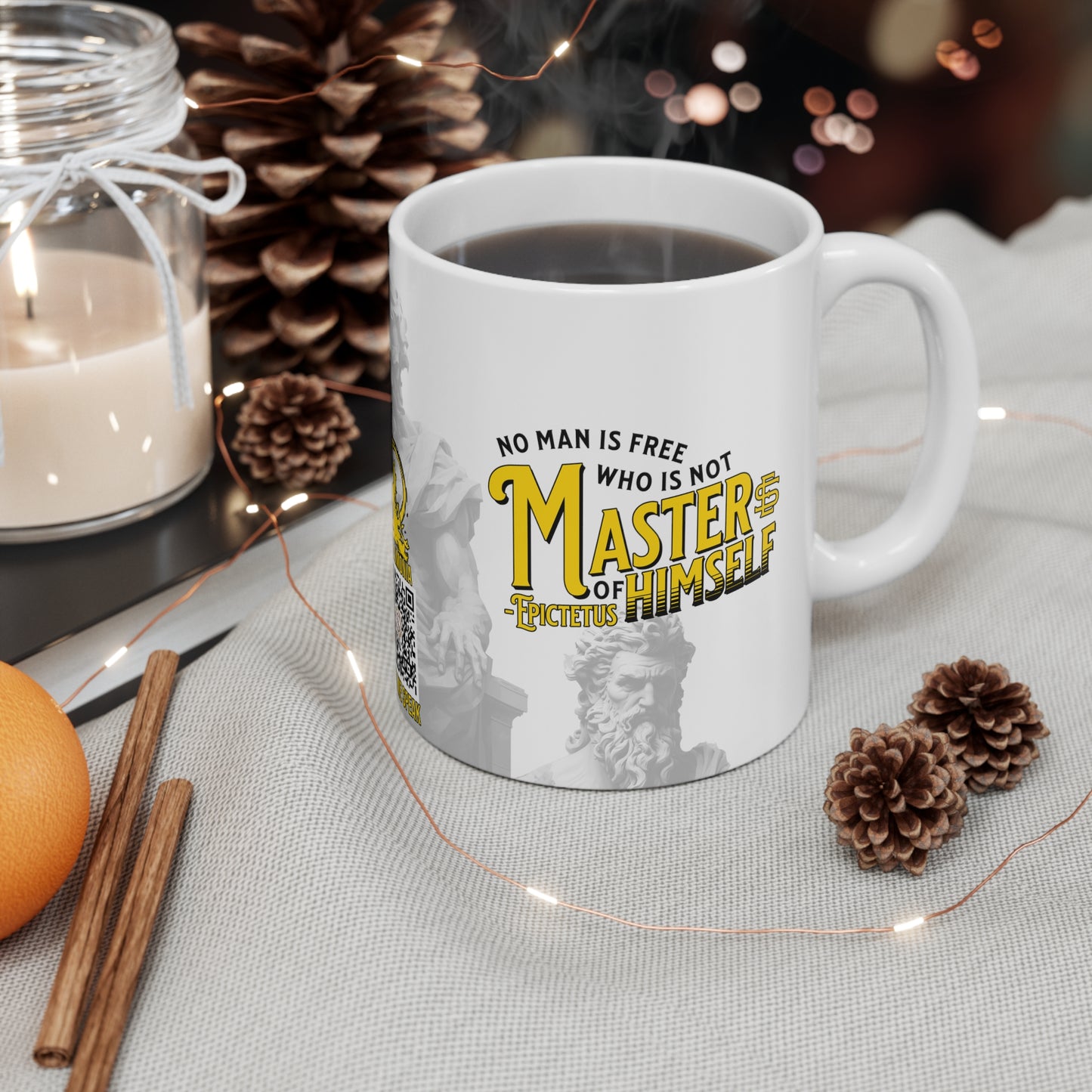 Epictetus Quote Mug - "No man is free who is not master of himself." - INTERACTIVE Stoicism Quote Mug - Scannable QR Code - Black Mug