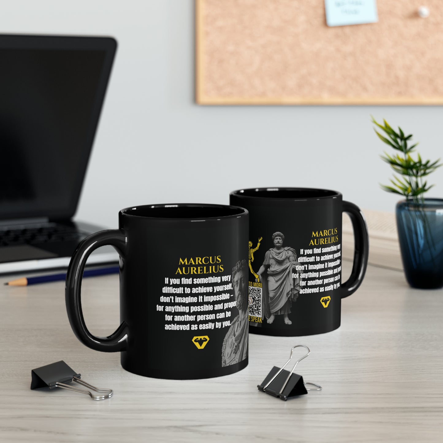 Marcus Aurelius Quote Mug: "If you find something very difficult to achieve yourself" - INTERACTIVE Stoicism Quote Mug - Scannable QR Code - Black Mug