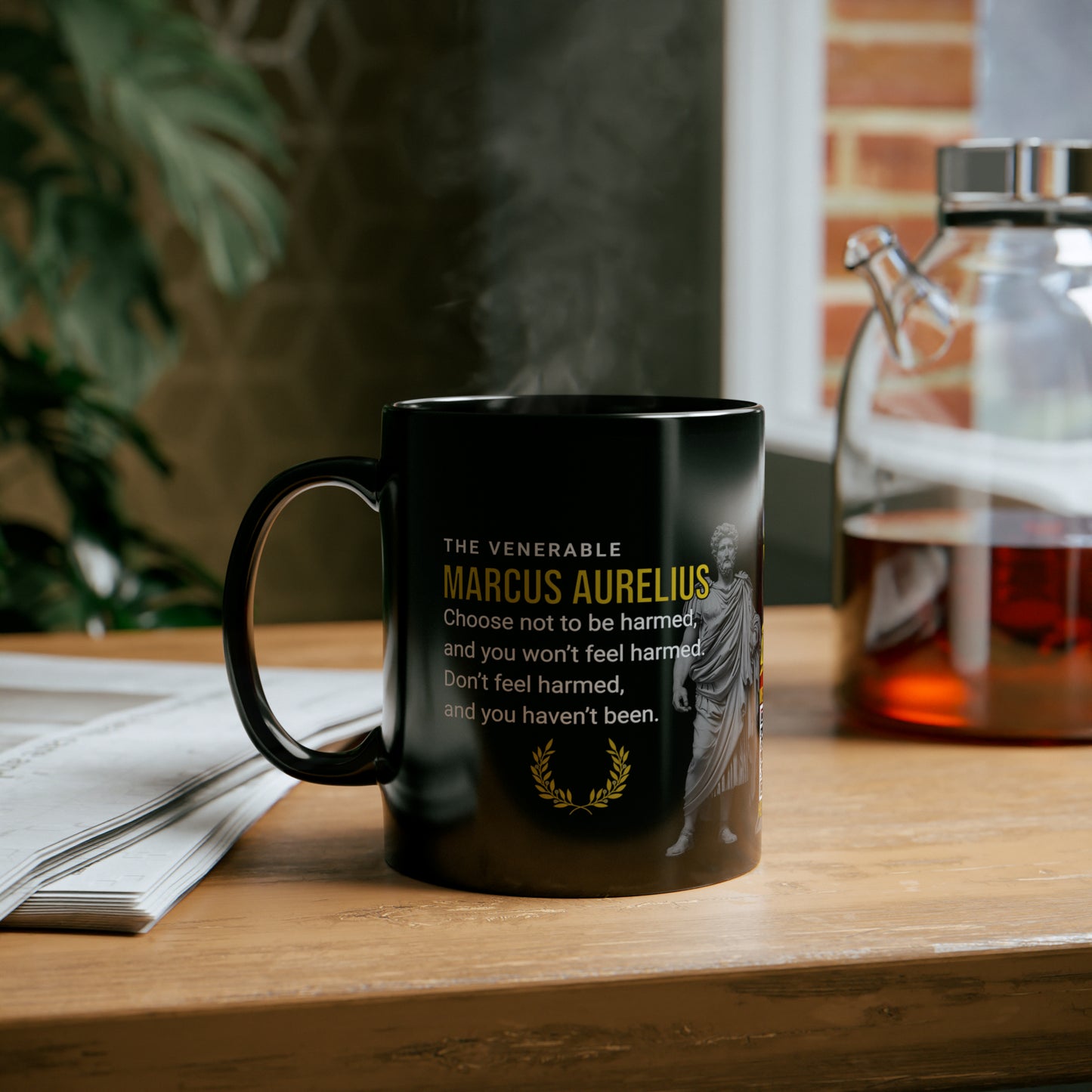 Marcus Aurelius Quote Mug - "Choose Not To Be Harmed" - INTERACTIVE Stoicism Quote Mug - Scannable QR Code - Black Mug