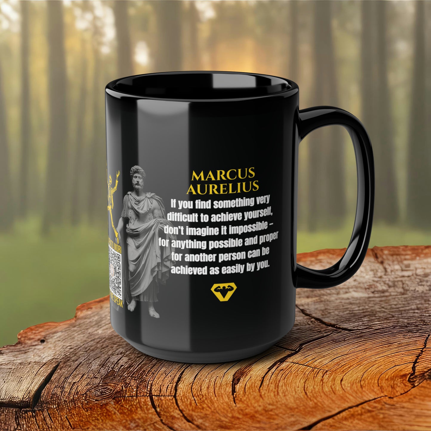 Marcus Aurelius Quote Mug: "If you find something very difficult to achieve yourself" - INTERACTIVE Stoicism Quote Mug - Scannable QR Code - Black Mug