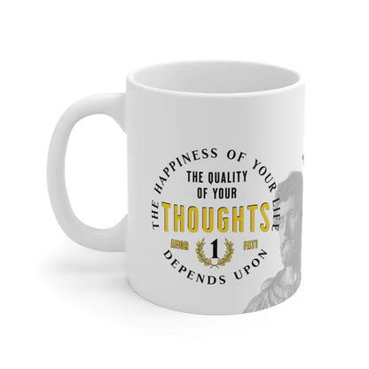 Marcus Aurelius Quote Mug: "The happiness of your life depends upon the quality of your thoughts" - INTERACTIVE Stoicism Quote Mug - Scannable QR Code - Black Mug