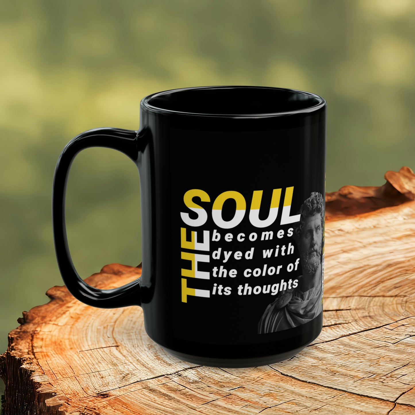 Marcus Aurelius Quote Mug: "The soul becomes dyed with the color of its thoughts" - INTERACTIVE Stoicism Quote Mug - Scannable QR Code - Black Mug