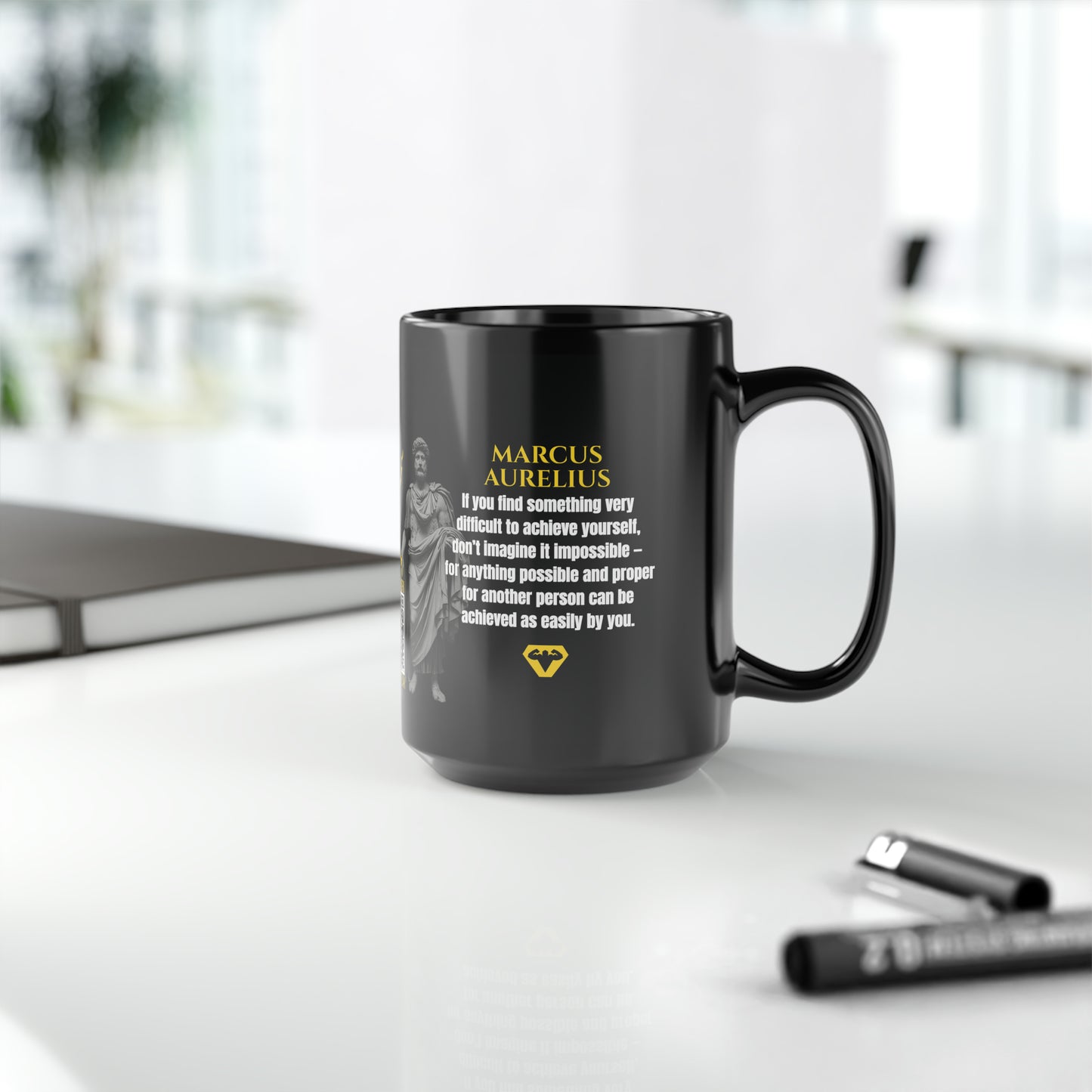 Marcus Aurelius Quote Mug: "If you find something very difficult to achieve yourself" - INTERACTIVE Stoicism Quote Mug - Scannable QR Code - Black Mug