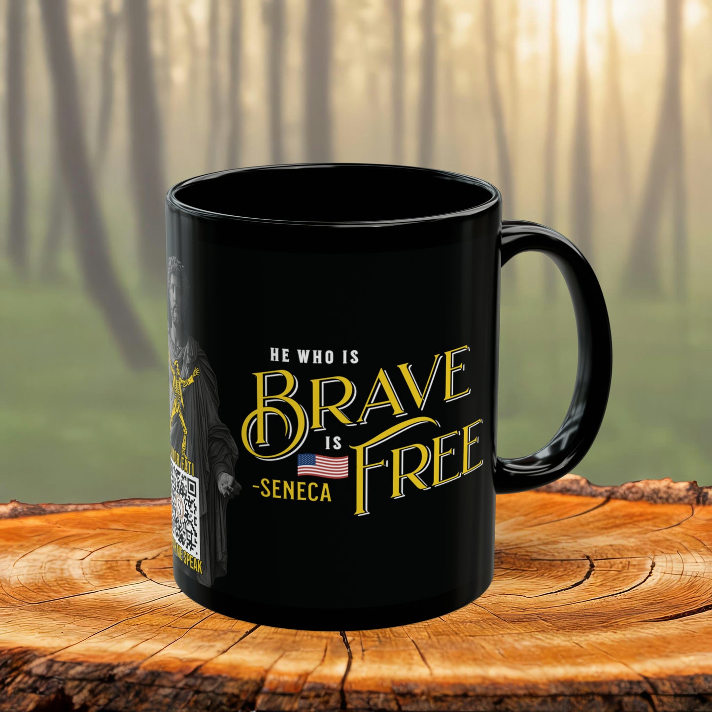 Seneca Quote Mug: "He who is brave is free" - INTERACTIVE Stoicism Quote Mug - Scannable QR Code - Black Mug