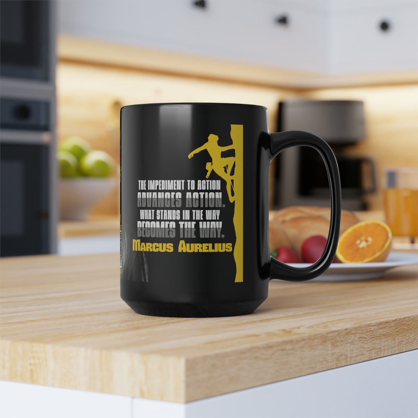 Marcus Aurelius Quote Mug: "What Stands in the Way, Becomes the Way." - INTERACTIVE Stoicism Quote Mug - Scannable QR Code - Black Mug