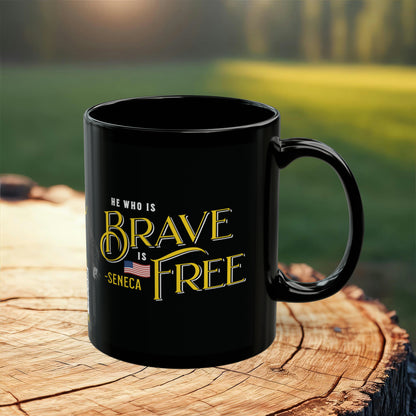 Seneca Quote Mug: "He who is brave is free" - INTERACTIVE Stoicism Quote Mug - Scannable QR Code - Black Mug