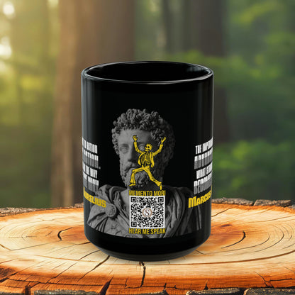 Marcus Aurelius Quote Mug: "What Stands in the Way, Becomes the Way." - INTERACTIVE Stoicism Quote Mug - Scannable QR Code - Black Mug