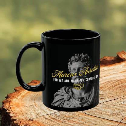 Marcus Aurelius Quote Mug: "For we are made for cooperation." - INTERACTIVE Stoicism Quote Mug - Scannable QR Code - Black Mug