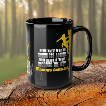 Marcus Aurelius Quote Mug: "What Stands in the Way, Becomes the Way." - INTERACTIVE Stoicism Quote Mug - Scannable QR Code - Black Mug