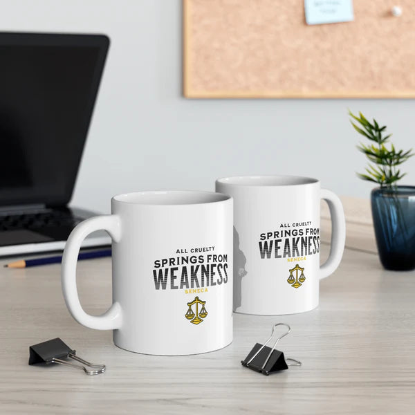 Seneca Quote Mug: "All cruelty springs from weakness" - INTERACTIVE Stoicism Quote Mug - Scannable QR Code - Black Mug