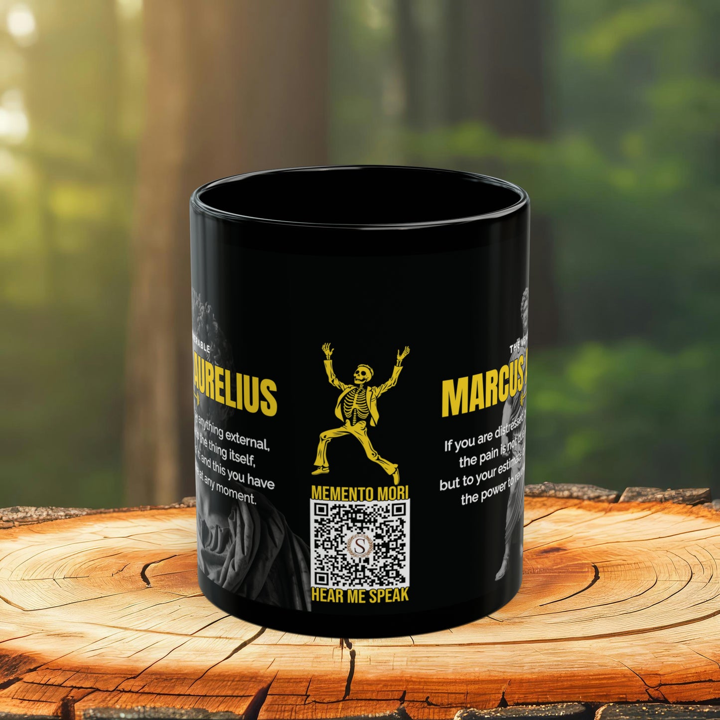 Marcus Aurelius Quote Mug: "If you are distressed by anything external" - INTERACTIVE Stoicism Quote Mug - Scannable QR Code - Black Mug