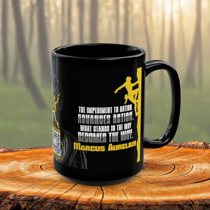 Marcus Aurelius Quote Mug: "What Stands in the Way, Becomes the Way." - INTERACTIVE Stoicism Quote Mug - Scannable QR Code - Black Mug