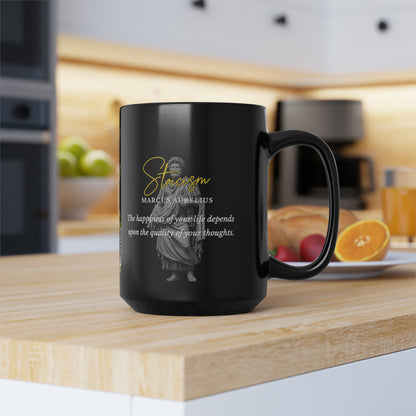 Marcus Aurelius Quote Mug: STOICISM - "The happiness of your life depends upon the quality of your thoughts" - INTERACTIVE Stoicism Quote Mug - Scannable QR Code - Black Mug