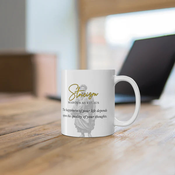 Marcus Aurelius Quote Mug: STOICISM - "The happiness of your life depends upon the quality of your thoughts" - INTERACTIVE Stoicism Quote Mug - Scannable QR Code - Black Mug