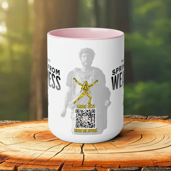 Seneca Quote Mug: "All cruelty springs from weakness" - INTERACTIVE Stoicism Quote Mug - Scannable QR Code - Black Mug