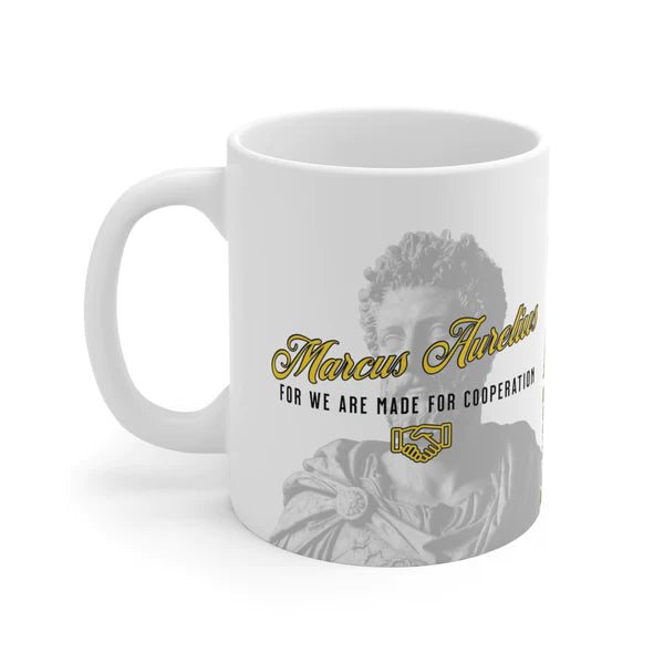 Marcus Aurelius Quote Mug: "For we are made for cooperation." - INTERACTIVE Stoicism Quote Mug - Scannable QR Code - Black Mug