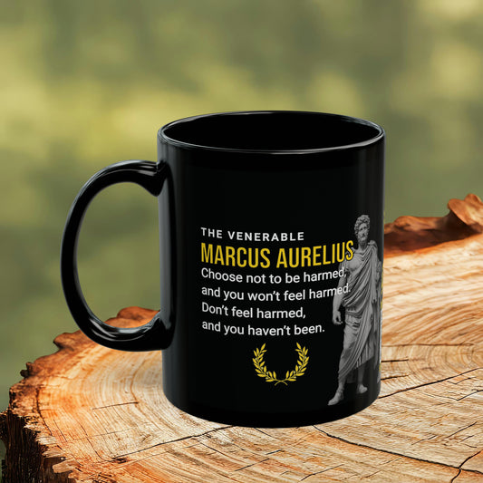 Marcus Aurelius Quote Mug - "Choose Not To Be Harmed" - INTERACTIVE Stoicism Quote Mug - Scannable QR Code - Black Mug