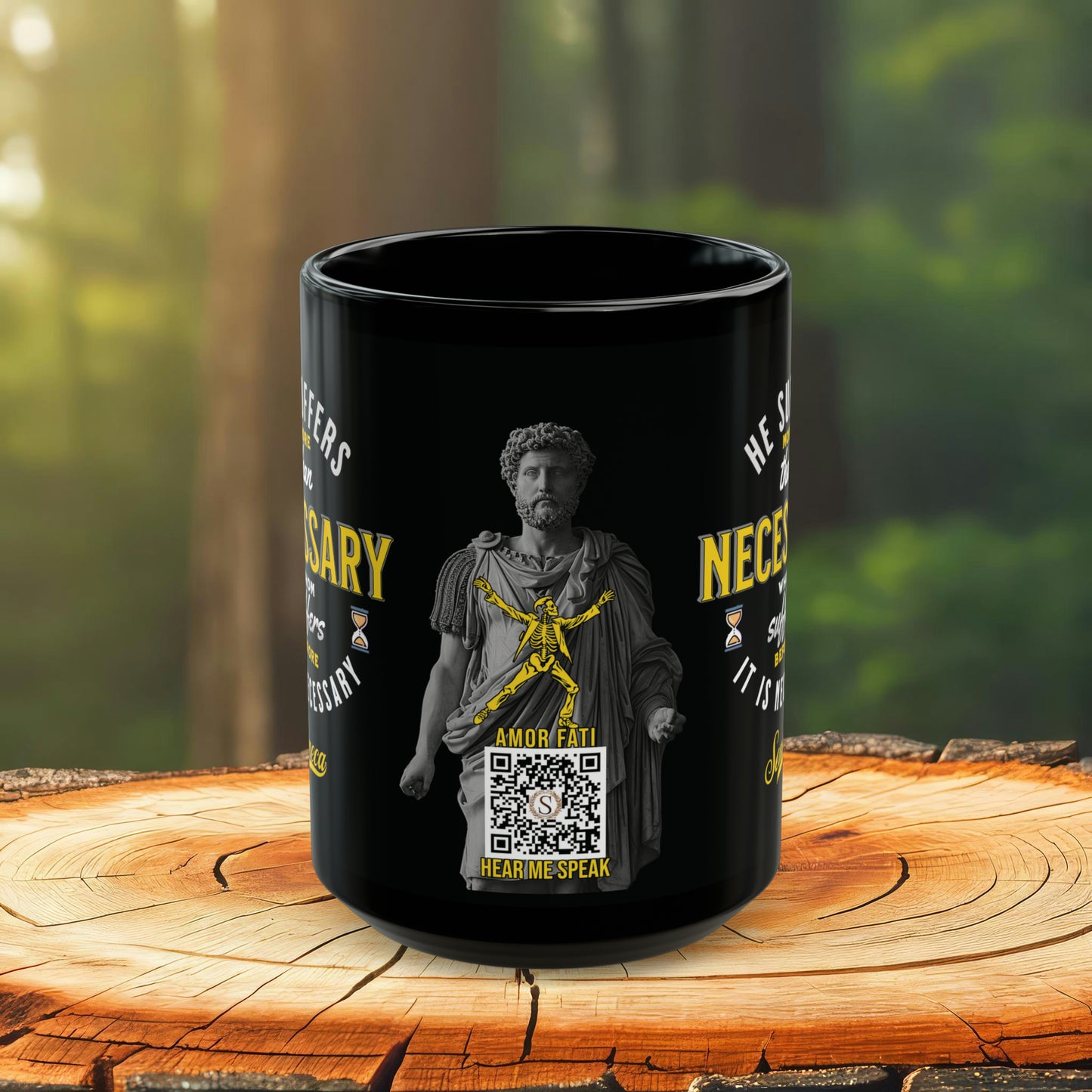 Seneca Quote Mug: "He suffers more than necessary, whom suffers before it is necesary" - INTERACTIVE Stoicism Quote Mug - Scannable QR Code - Black Mug