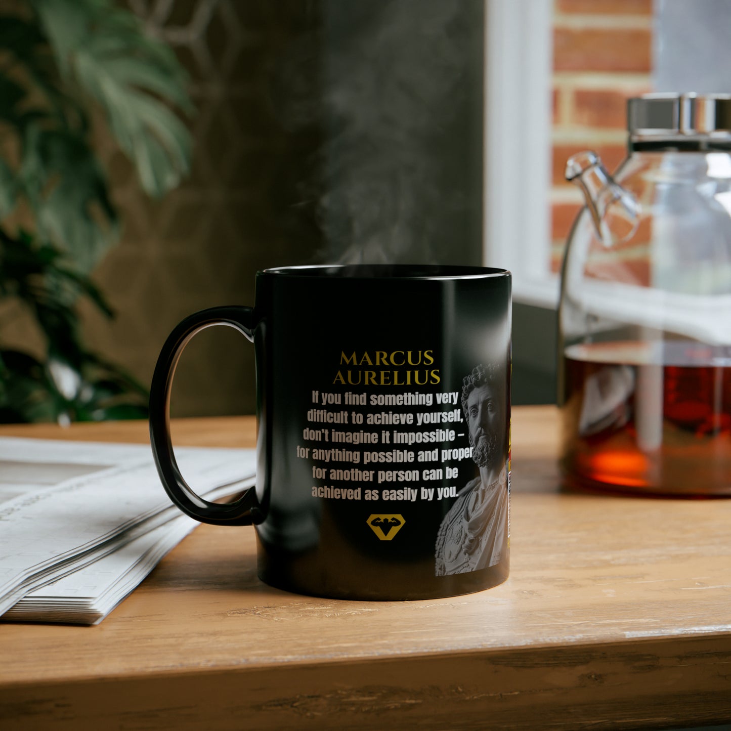 Marcus Aurelius Quote Mug: "If you find something very difficult to achieve yourself" - INTERACTIVE Stoicism Quote Mug - Scannable QR Code - Black Mug