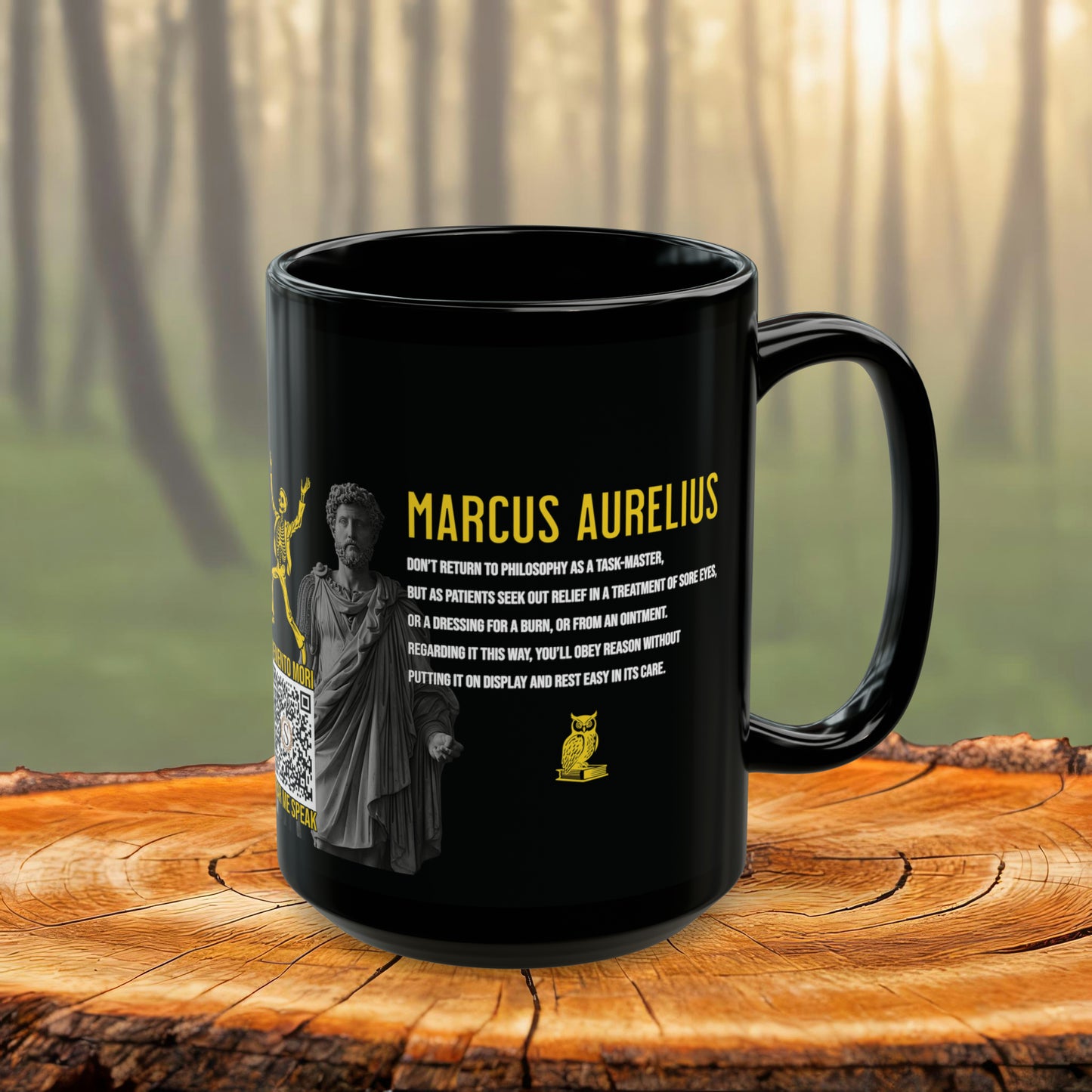 Marcus Aurelius Quote Mug: "Don't return to philosophy as a taskmaster" - INTERACTIVE Stoicism Quote Mug - Scannable QR Code - Black Mug