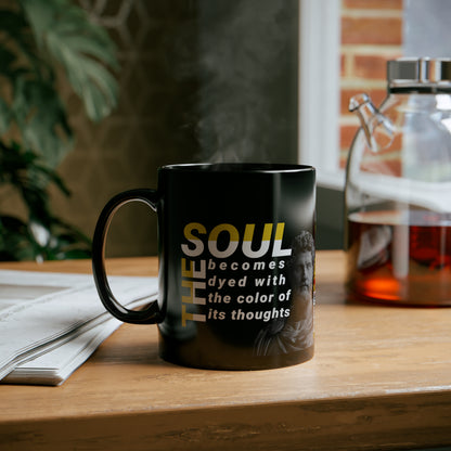 Marcus Aurelius Quote Mug: "The soul becomes dyed with the color of its thoughts" - INTERACTIVE Stoicism Quote Mug - Scannable QR Code - Black Mug