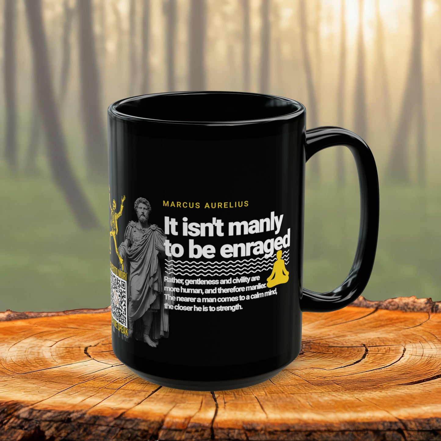 Marcus Aurelius Quote Mug: "It isn't manly to be enraged." - INTERACTIVE Stoicism Quote Mug - Scannable QR Code - Black Mug