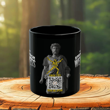 Seneca Quote Mug: "All cruelty springs from weakness" - INTERACTIVE Stoicism Quote Mug - Scannable QR Code - Black Mug