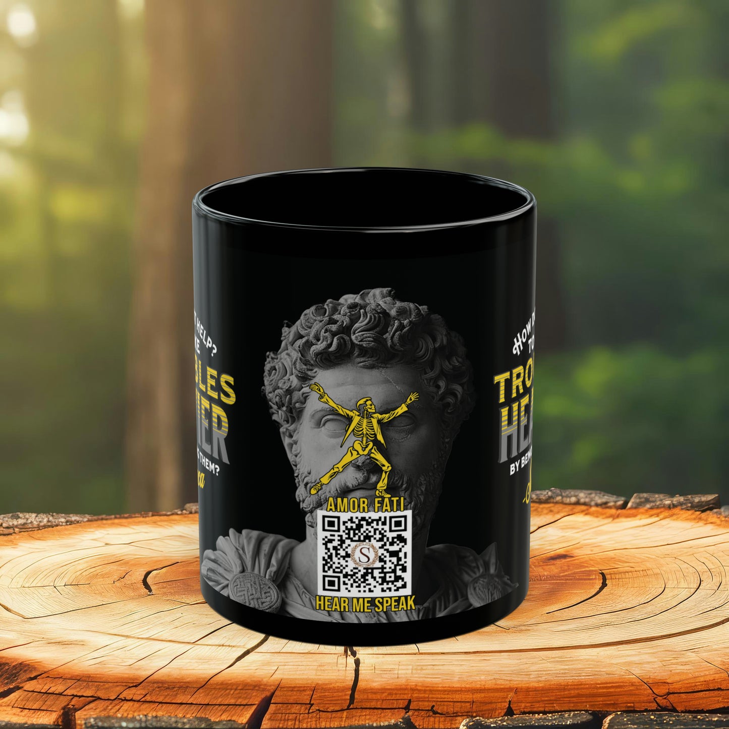 Seneca Quote Mug: "How does it help? to make troubles heavier by bemoaning them" - INTERACTIVE Stoicism Quote Mug - Scannable QR Code - Black Mug