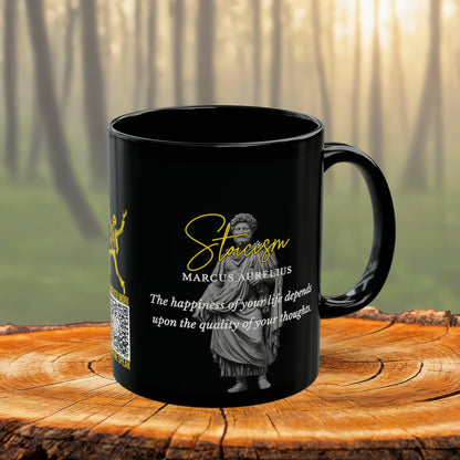 Marcus Aurelius Quote Mug: STOICISM - "The happiness of your life depends upon the quality of your thoughts" - INTERACTIVE Stoicism Quote Mug - Scannable QR Code - Black Mug