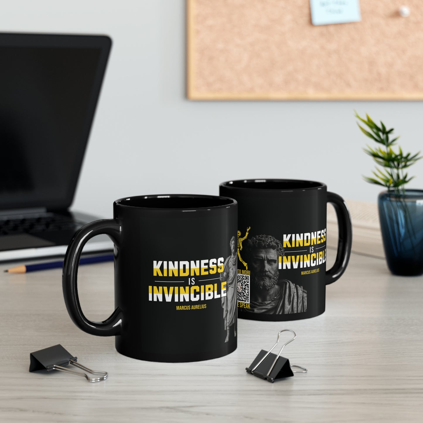 Marcus Aurelius Quote Mug: "Kindness is Invincible." - INTERACTIVE Stoicism Quote Mug - Scannable QR Code - Black Mug